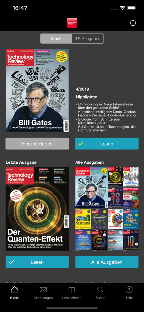 MIT Technology Review DE - Kiosque de l'application MIT Technology Review allemande montrant des numéros de magazine avec des couvertures de Bill Gates et Quantum Effect
