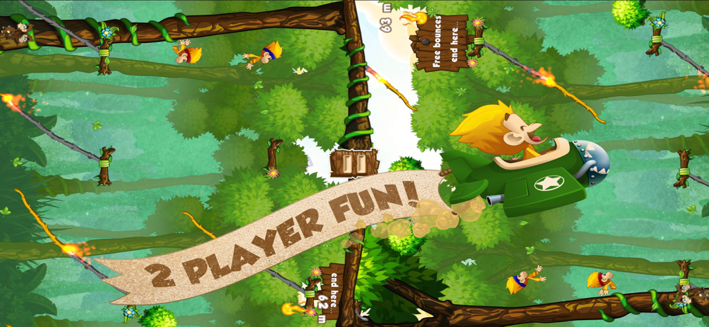 Benji the monkey flying a green plane in the split screen two player mode of Benji Bananas