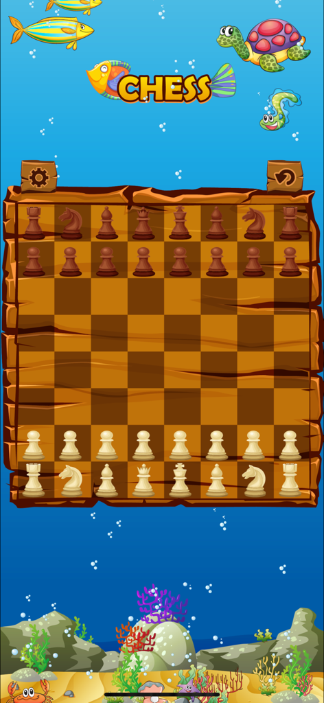 Super Chess for Watch & Phone - Pantalla del juego Super Ajedrez con un tema submarino, tablero de ajedrez de madera y criaturas marinas de dibujos animados