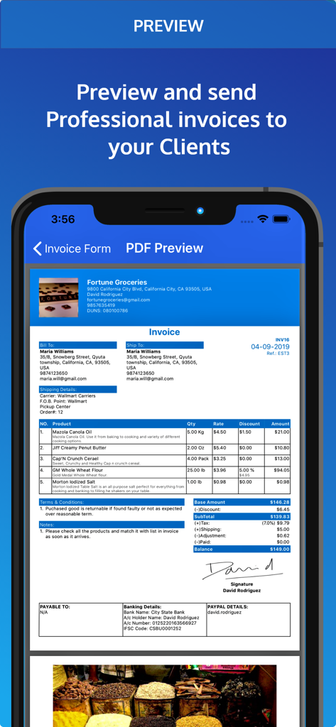 Invoice Pro. Invoice on the go - A mobile phone screen showing a professional invoice preview with itemized charges and a digital signature.