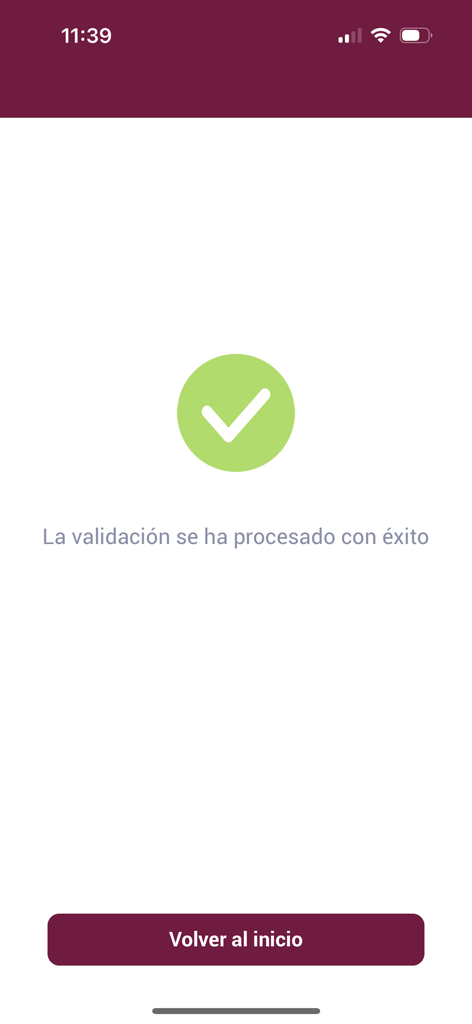 Mensaje de éxito de validación de la aplicación ID Perú con un icono de marca de verificación verde