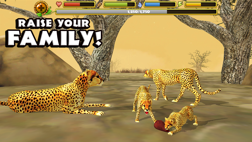 Cheetah Simulator - Ein erwachsener Gepard und seine Jungen in einer Savannenlandschaft aus dem Cheetah Simulator-Spiel