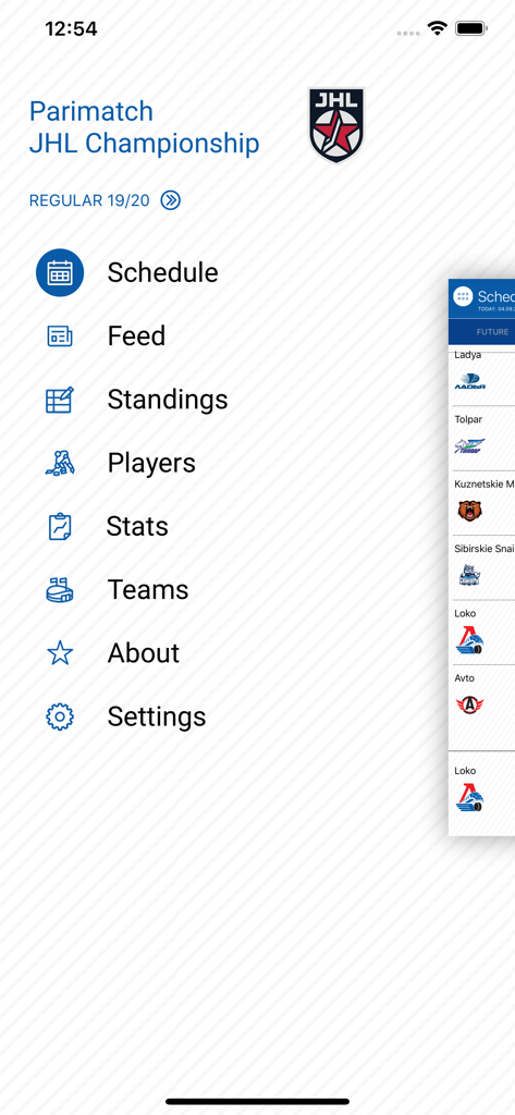 Main menu of the MHL Junior Hockey League app featuring schedule, feed, standings, players, stats, and teams navigation options.