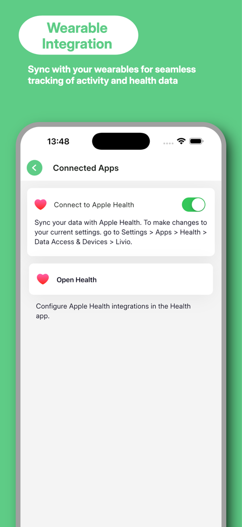 Smartphone screen showing the Livio Health app interface for connecting to Apple Health for wearable data integration.