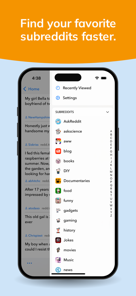 Narwhal for Reddit app displaying a list of subreddits for quick navigation on an iPhone