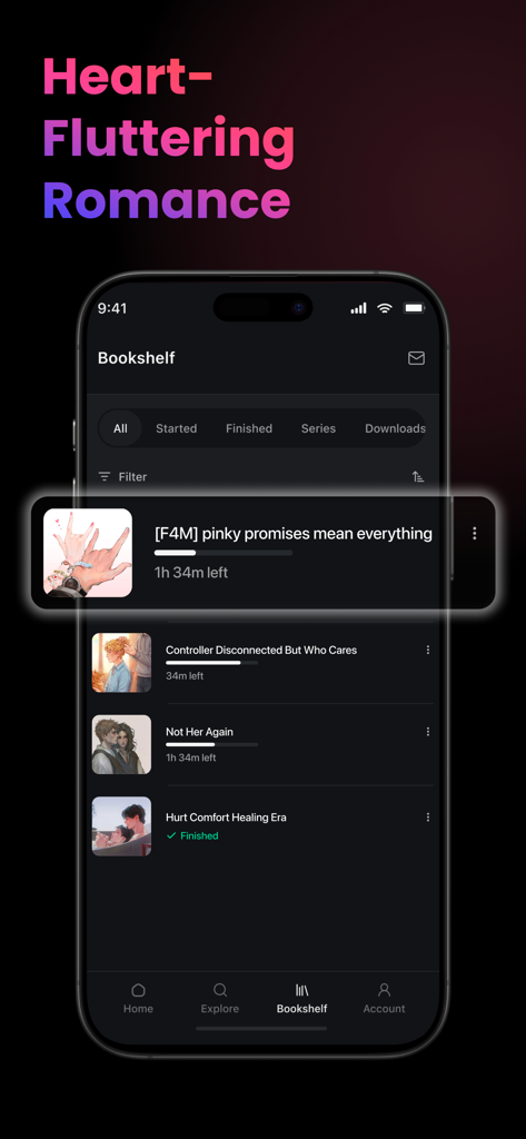 LucidFM app bookshelf displaying a collection of heart-fluttering romance audio stories with anime-style cover art.