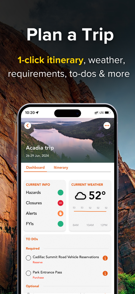 Smartphone screen showing the Chimani National Parks app dashboard for an Acadia trip with weather and park safety status