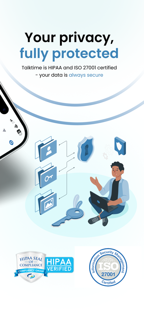 Talktime app screen highlighting HIPAA and ISO 27001 security certifications and data protection