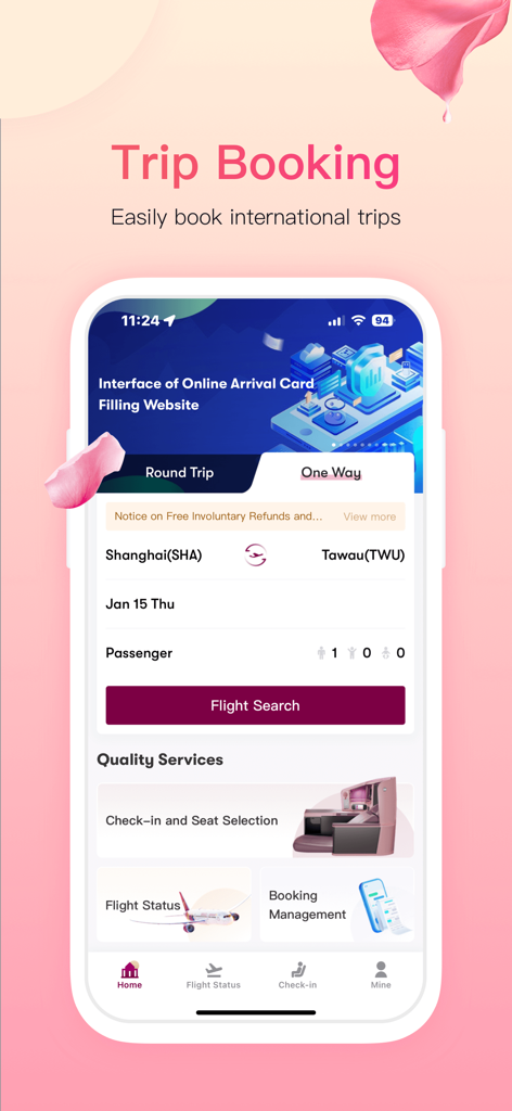 Juneyao Air mobile app home screen showing flight search and booking options for international trips.