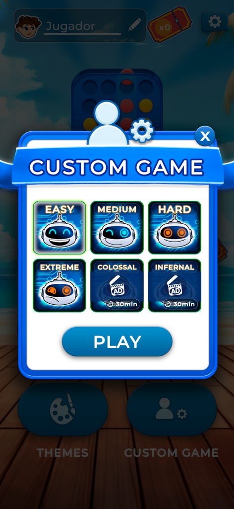 Four in a Row - 2 Player Games - Menú de juego personalizado en la aplicación Cuatro en Línea que muestra avatares de robot para las configuraciones de dificultad Fácil, Media, Difícil y Extrema.