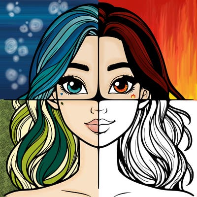 a realistic girl split into four parts