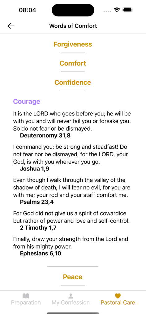 Pantalla de la aplicación Espejo de Confesión mostrando versículos bíblicos de valor y palabras de consuelo