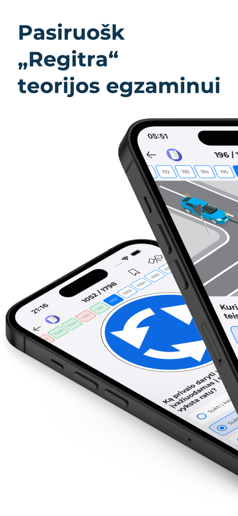 KET bilietai 2026 - Autostart - Due iPhone che mostrano l'interfaccia dell'app Autostart per la preparazione all'esame di teoria della guida lituana con scenari stradali e domande sui segnali stradali