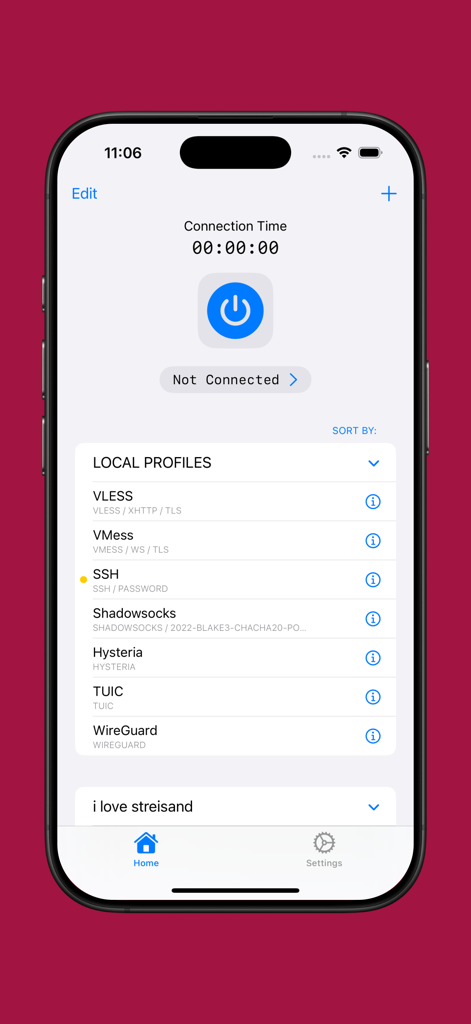 Main interface of Streisand app displaying various proxy protocol profiles like VLESS and WireGuard