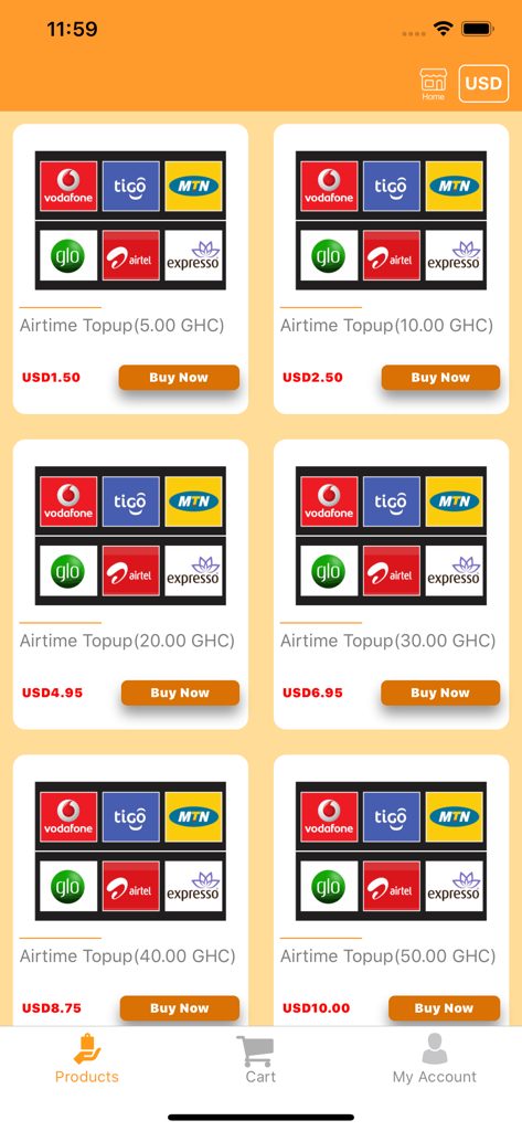 GhanaMart - GhanaMart app interface showing mobile airtime recharge options for networks like MTN and Vodafone with prices in USD