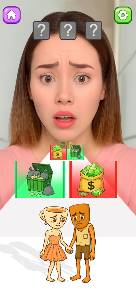 Una pantalla de juego móvil de Tricky Challenge con un puzle de elección viral que muestra a una mujer sorprendida y opciones entre dinero y basura.