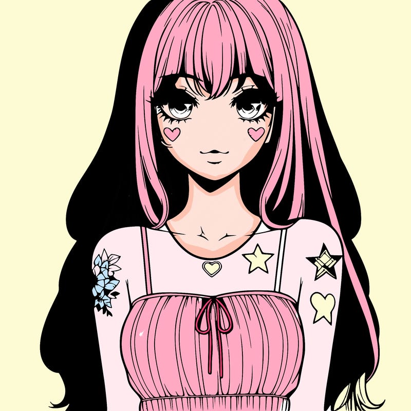 realistic anime girl with long hair star heart tattoos with a simple fabric dress with full lips