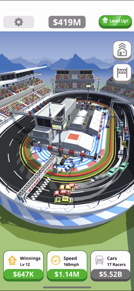 Pantalla de juego de Carreras de Tap Inactivo que muestra coches de serie en una pista con botones de mejora de magnate