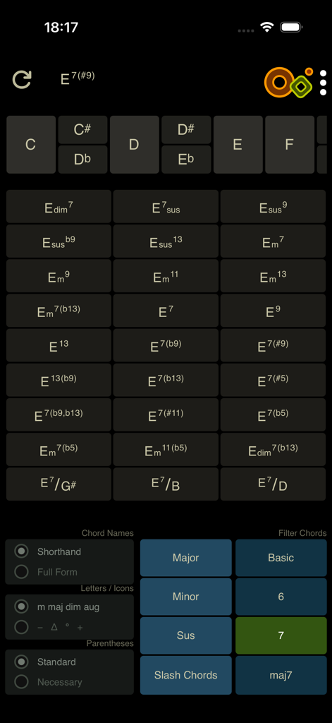 Guitar chord finder interface showing variations of E7 chords and theory filters