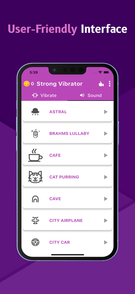 Strong Vibrator - Strong Vibrator app interface showing various sound and vibration modes for relaxation like Astral and Cat Purring.