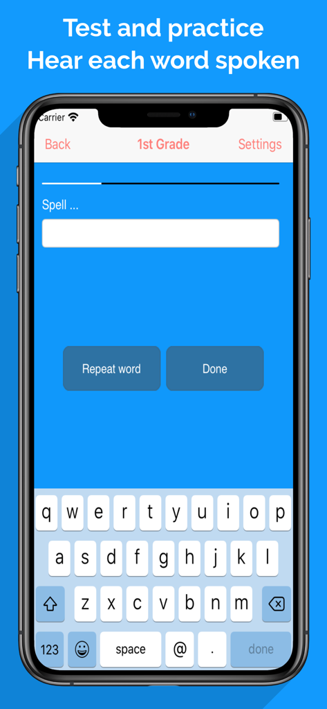 Spelling Notebook: Learn, Test - Spelling Notebook app test screen for first grade showing the hear word spoken feature and keyboard