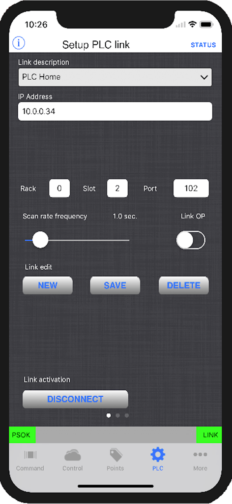 iS7 - Der Bildschirm "Setup PLC" in der iS7 App zeigt Verbindungsparameter für industrielle Steuerungen an.