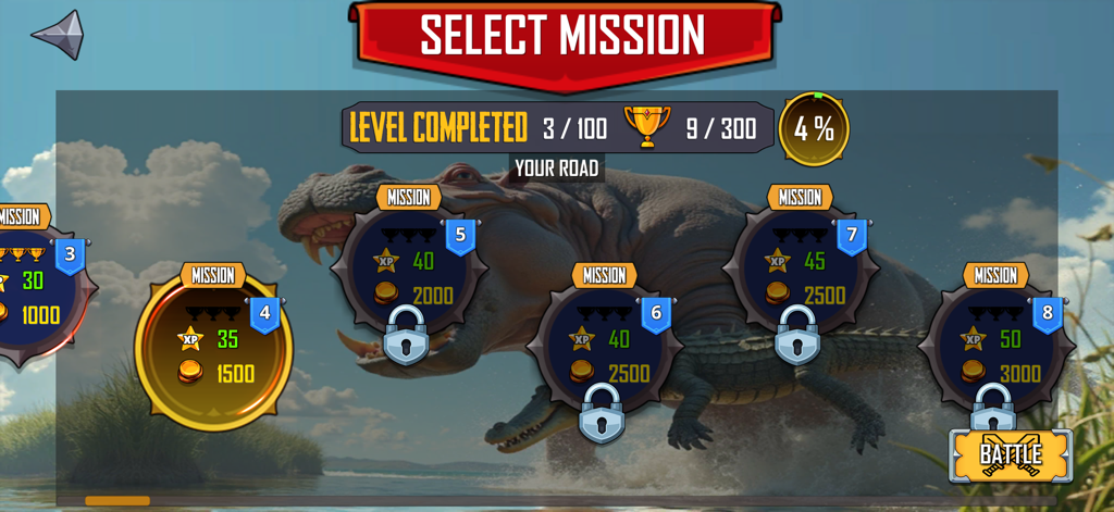 Menü zur Missionsauswahl in Animal Battle ARBS mit Fortschritt und Belohnungen der Level
