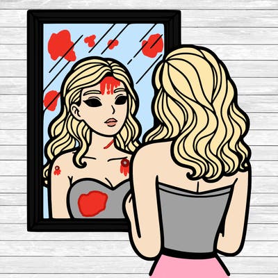 a woman looking at herself in the mirror.
