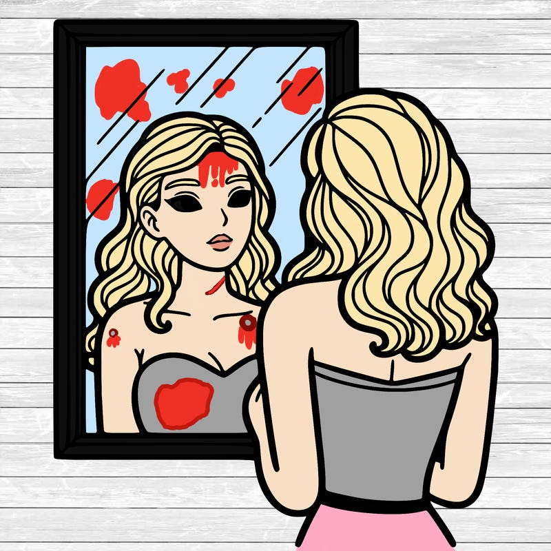 a woman looking at herself in the mirror.