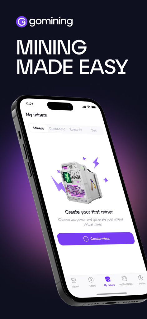 Schermata dell'app mobile GoMining che mostra lo slogan Mining Made Easy e un'interfaccia di creazione di miner digitali.