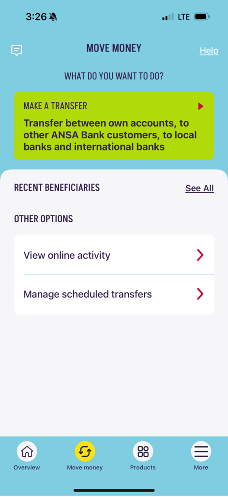 ANSA Bank Mobile - La pantalla Mover Dinero de la aplicación ANSA Bank Mobile que muestra opciones para realizar una transferencia a bancos locales o internacionales.