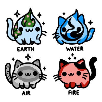 4 cats that represent the different elements, earth, water, air, and fire