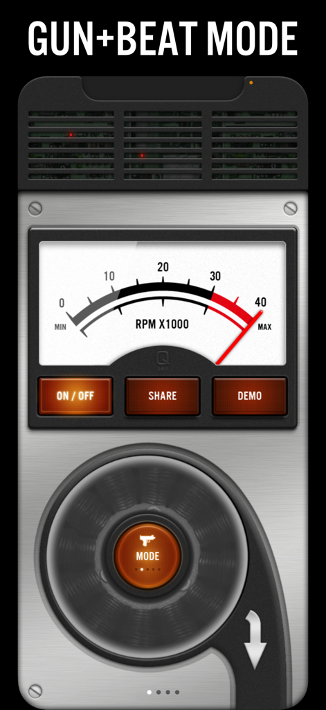 Blower - Blower app interface showing gun and beat mode with a mechanical RPM gauge and fan rotor