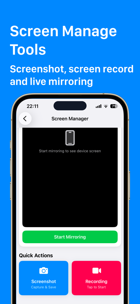 ADB Connect & Debugger for ATV - ADB ConnectおよびDebugger for ATVの画面管理機能を示すスクリーンショット。ライブミラーリングや画面録画ツールが含まれています。