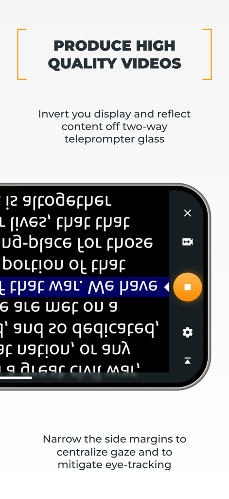 PromptSmart Pro - Teleprompter - Smartphone screen showing mirrored teleprompter text and narrow margins for professional video recording