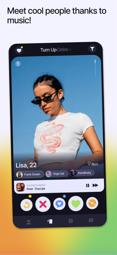 Turn-Up - Interface de l'application de rencontres Turn-Up montrant un profil d'utilisateur avec des intérêts musicaux comme Frank Ocean et Dua Lipa