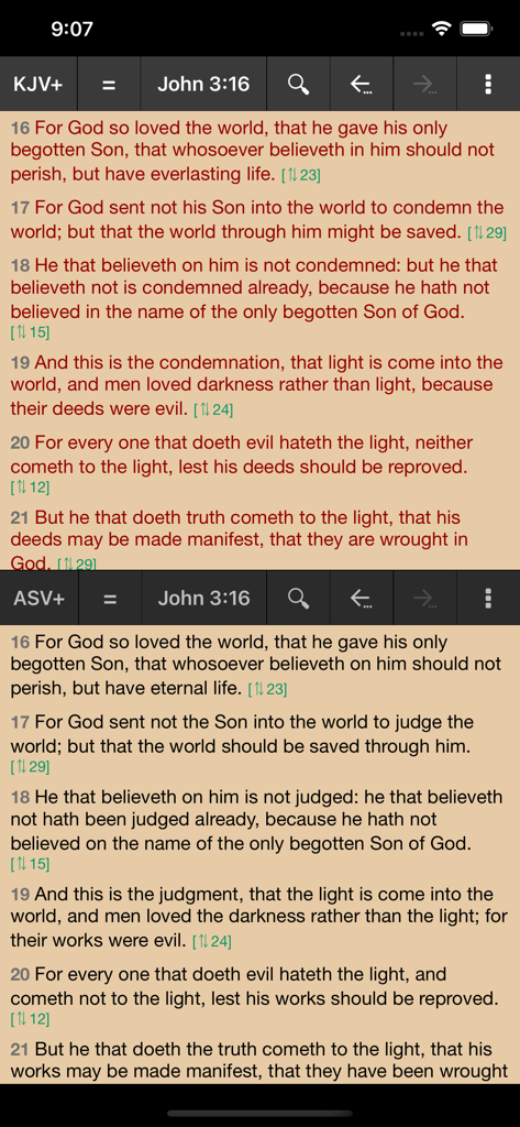 MyBible - MyBible app split screen view showing parallel comparison of KJV and ASV translations
