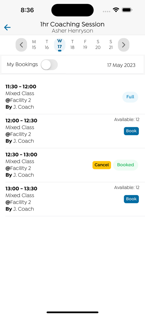 swool.io - Mobile app interface showing a list of coaching session time slots with booking and cancellation status on a daily calendar