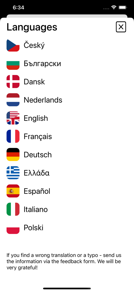 Schermata di selezione della lingua nella guida sul campo Birds of Europe che mostra le lingue europee supportate.