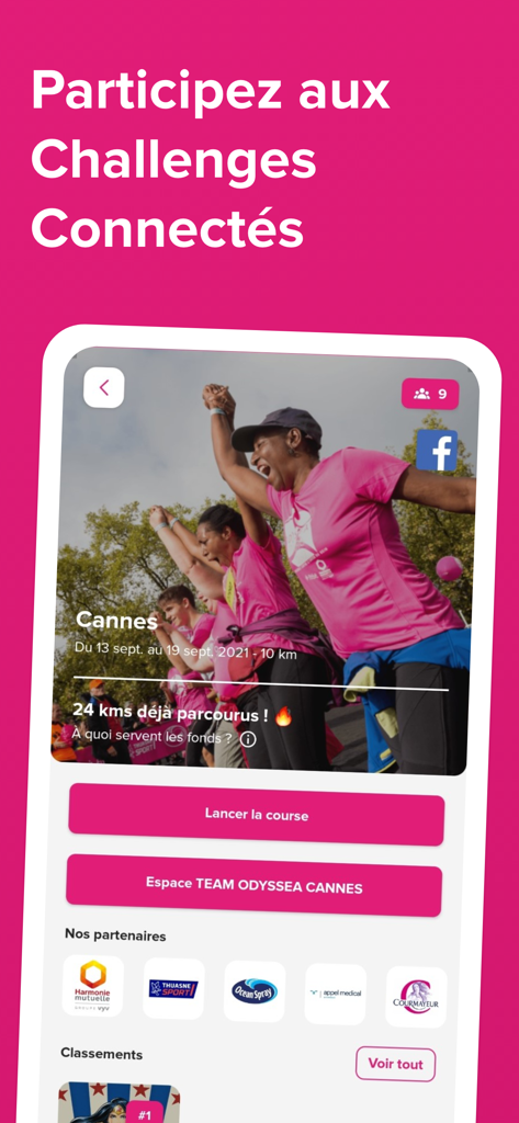 Odysséa - Interface of the Odysséa app showing a virtual running challenge for breast cancer awareness.