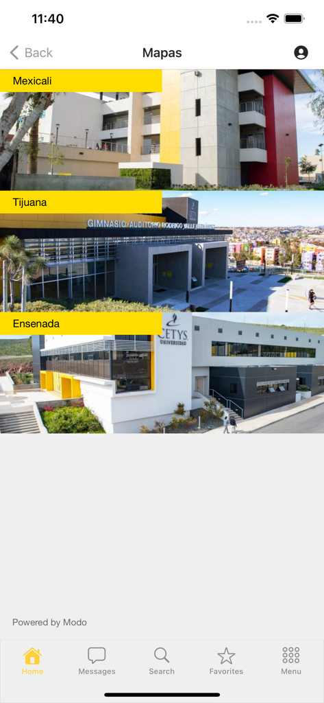 CETYS University app screen showing campus map options for Mexicali Tijuana and Ensenada