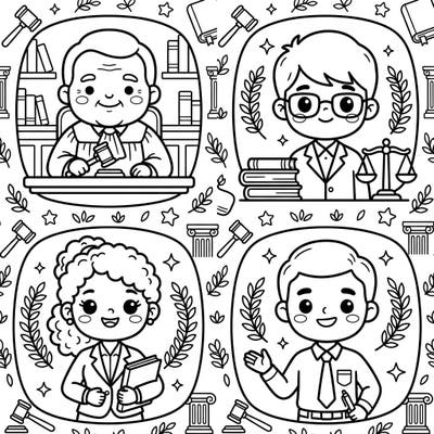 Dive into the delightful world of law with our Kawaii Lawyer Portraits coloring page. Featuring adorable representations of judges and attorneys, this template offers a uniquely charming artistic experience.