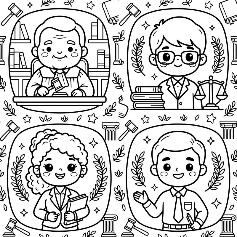 Dive into the delightful world of law with our Kawaii Lawyer Portraits coloring page. Featuring adorable representations of judges and attorneys, this template offers a uniquely charming artistic experience.