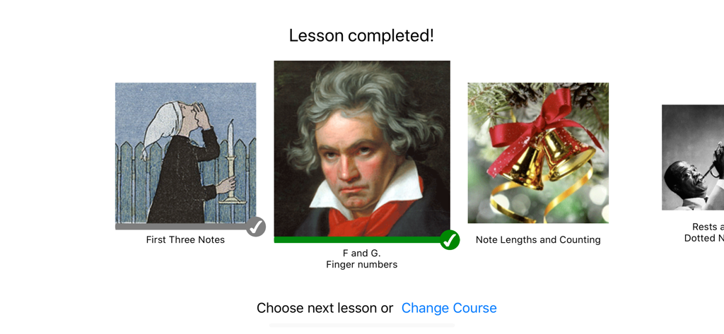 PianoMate - Piano Sheet Music - PianoMate app interface showing a completed lesson screen with a list of music theory and technique courses like finger numbers and note lengths