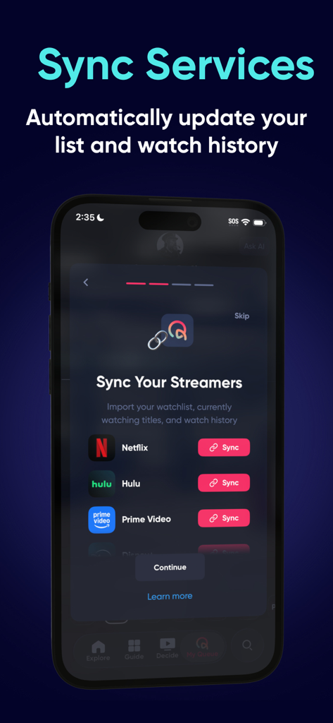 Interfaz de la aplicación Cola mostrando la pantalla de sincronización de servicios para vincular cuentas de Netflix, Hulu y Prime Video.