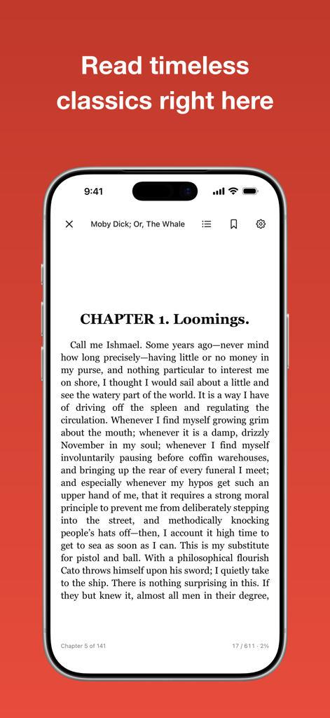 Must Read – The Book Tracker - iPhone screen displaying the Must Read app eBook reader with the classic novel Moby Dick