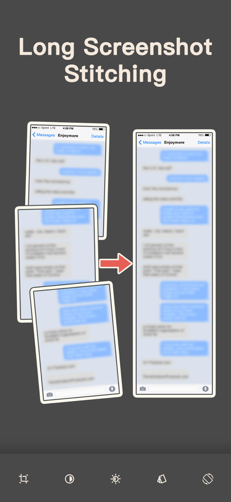 Visual representation of stitching multiple message screenshots into one long image