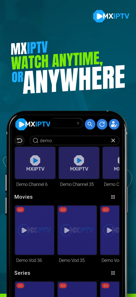 MX Player: IPTV Player - A smartphone displaying the MX IPTV Player app interface with movie and series categories
