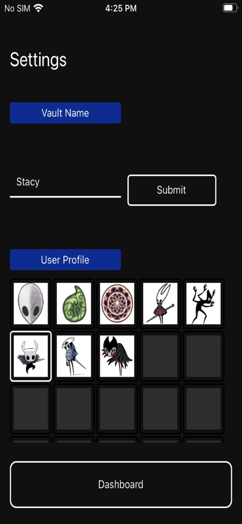 Hollow Knight Progress Guide - Settings menu in the Hollow Knight Progress Guide app for choosing a profile icon and vault name