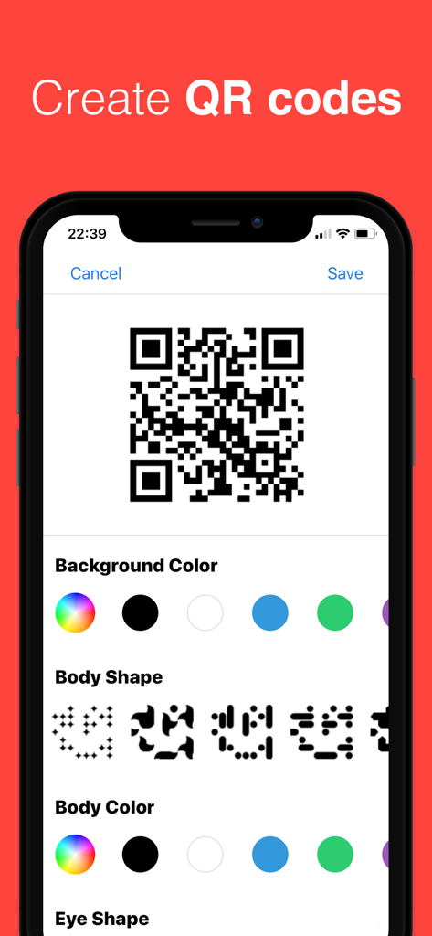 Una schermata che mostra lo strumento di creazione del codice QR con opzioni di personalizzazione per colore di sfondo, forma del corpo e forma degli occhi